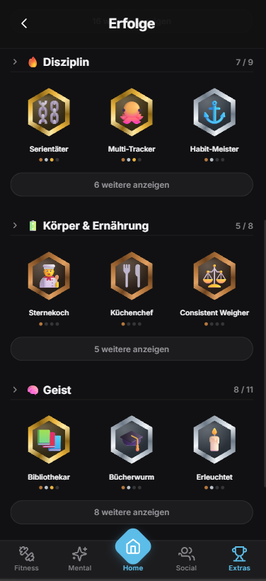 Achievements nach Kategorien in Bronze, Silber und Gold